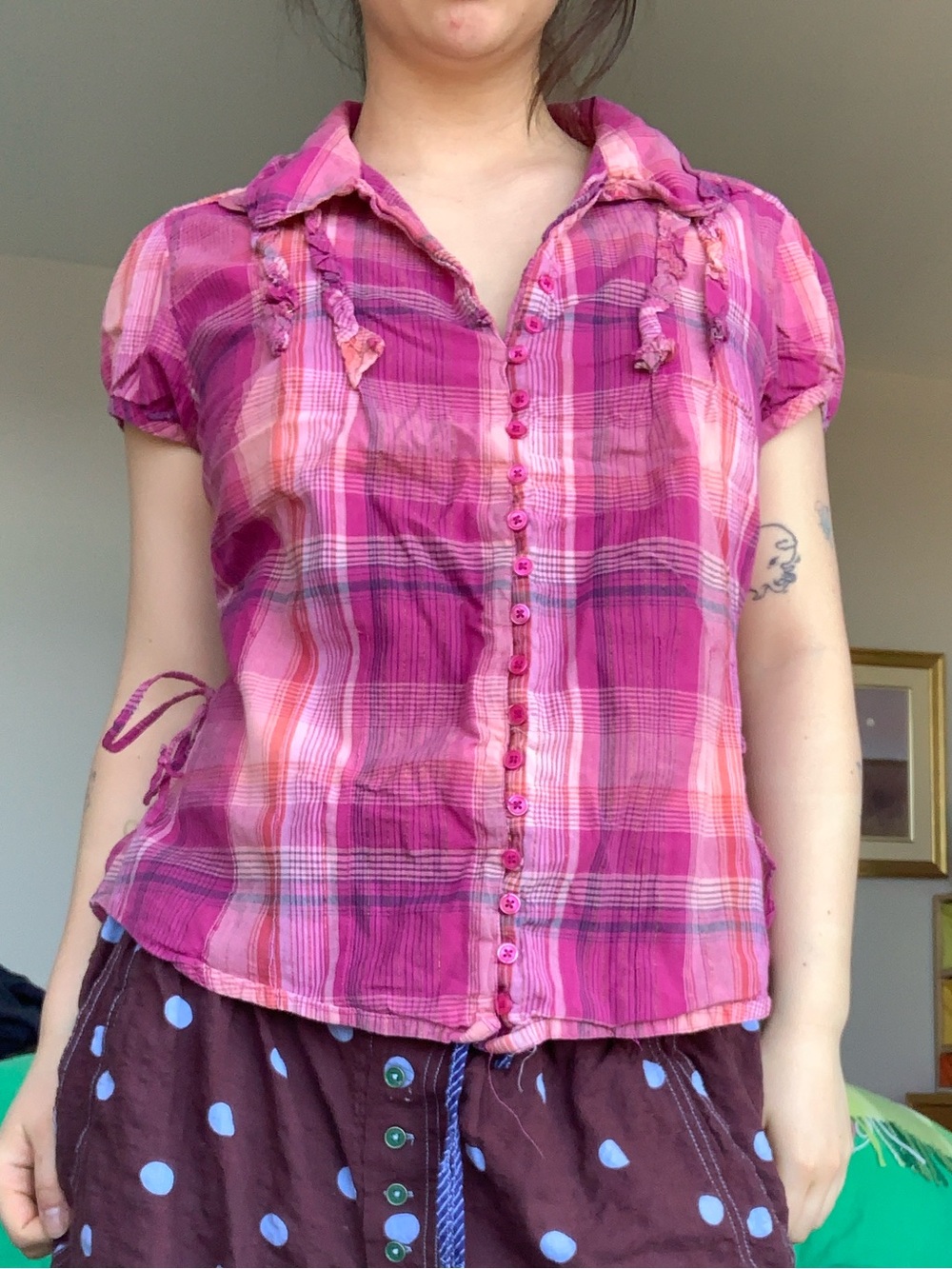 Pink plaid button down top with mini puff sleeves